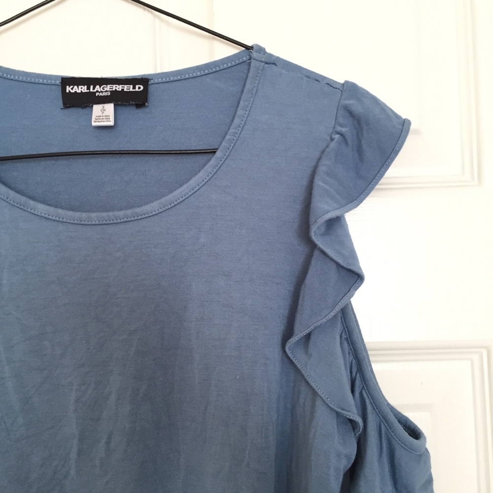 Karl Lagerfeld Blue Ruffle Cold Shoulder Top - Picture 4 of 6